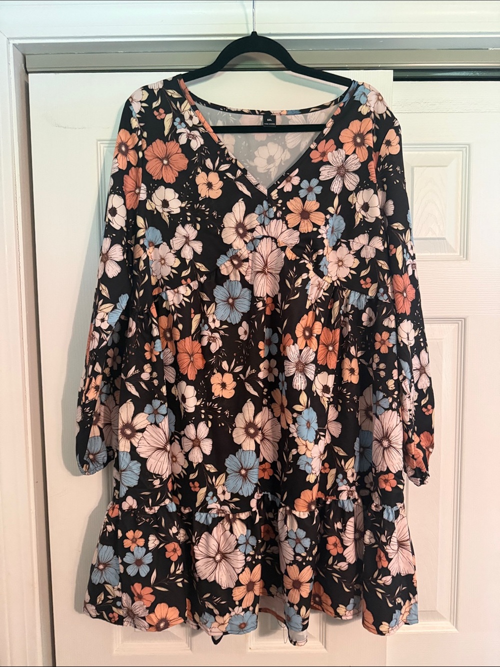 SHEIN Black Floral V-Neck Tiered Dress with Peach & Blue Blooms